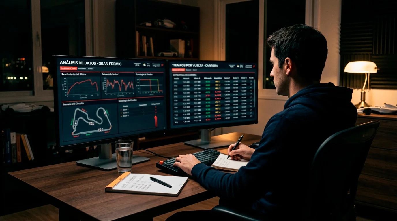 Analista revisando datos de entrenamientos libres de F1